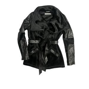 Blanc Noir Black Leather and Velour Jacket with Belt